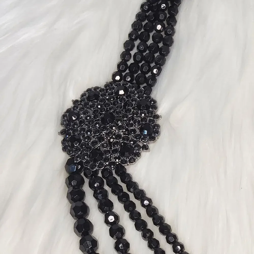 Vintage 4 Strand Black Faceted Bead Necklace Large Flower Pendant Coquette Noir - Picture 3 of 6